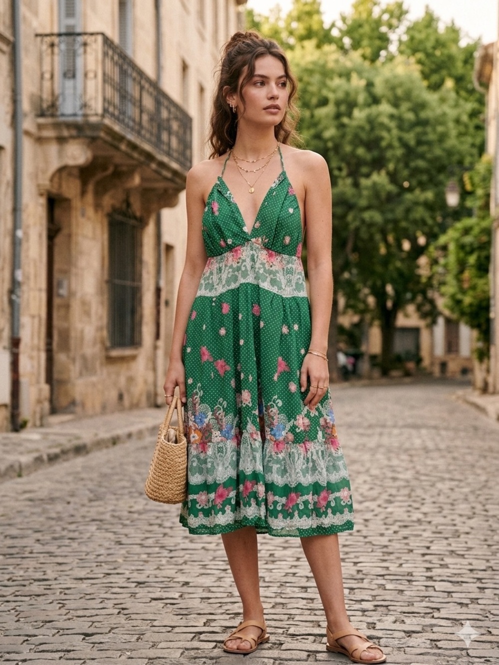 Y2K Vintage Forever 21 Green Floral Halter Midi Dress